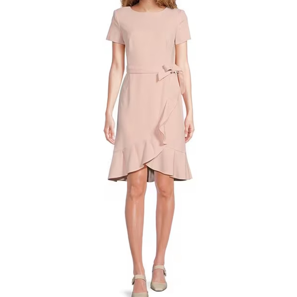 Calvin Klein Boat Neck Short Sleeve Belted Ruffle Hem Faux Wrap Dress